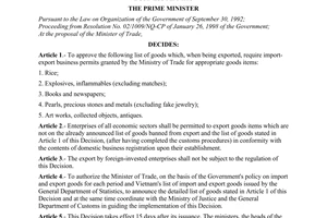 Decision No. 55/1998/QD-TTg of March 3, 1998, approving the list of export goods that require import and export business permits