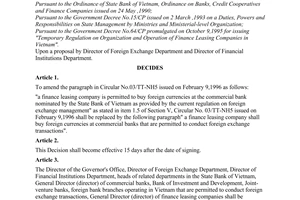 Decision No. 95/1998/QD-NHNN5 of March 12th, 1998, on amendment of Circular No. 03/TT-NH5 issued on February 9,1996.