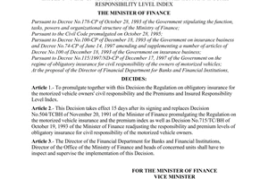 Decision No. 299/1998/QD-BTC of March 16, 1998, issuing the regulation on obligatory insurance for motorized vehicle owners' civil responsibility and the premium and insured responsibility level index
