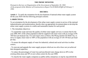 Decision No. 63/1998/QD-TTg of March 18, 1998, ratifying the orientation for the develop-ment of national urban water supply system till the year 2020