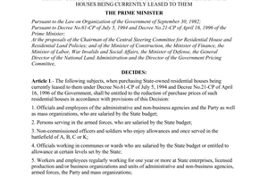 Decision No. 64/1998/QD-TTg of March 21, 1998, on the reduction of the purchase prices of residential houses for certain subjects when they purchase state-owned residential houses being currently leased to them