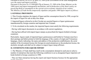 Circular No. 06/1998/TT-BTM of March 26, 1998, temporarily stipulating the 1998 liquor import