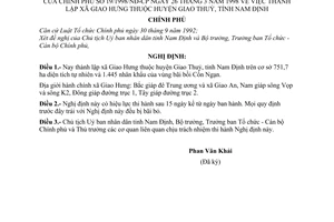 Nghị định 19/1998/NĐ-CP thành lập xã Giao hưng thuộc huyện Giao Thuỷ, tỉnh Nam Định