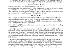 Quyết định  67/1998/QĐ-TTg chuyển giao nhiệm vụ quản lý Nhà nước về đào tạo từ Bộ Giáo dục và đào tạo sang Bộ Lao động - Thương binh và Xã hội