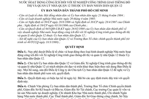 Quyết định 1704/1998/QĐ-UB-KT phê duyệt điều lệ doanh nghiệp NN hoạt động công ích với xí nghiệp công trình giao thông đô thị quản lý nhà quận 12