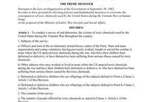 Decision No. 74/1998/QD-TTg of April 03, 1998, on the survey and determination of victims of toxic chemicals used by the United states during the Vietnam war