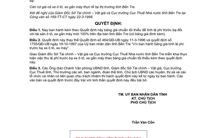 Quyết định 521/QĐ-UB 1998 bảng giá tính lệ phí trước bạ xe ô tô xe gắn máy Bến Tre