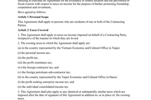 Agreement between the taipei economic and cultural office in Hanoi and the Vietn