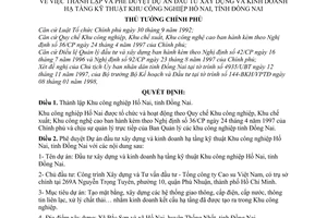 Quyết định 278/QĐ-TTg thành lập phê duyệt Dự án đầu tư xây dựng kinh doanh hạ tầng kỹ thuật khu công nghiệp Hố Nai, tỉnh Đồng Nai