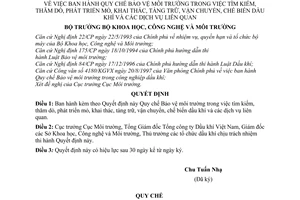 Quyết định 395/1998/QĐ-BKHCNMT Quy chế bảo vệ môi trường khi tìm thăm dò phát triển khai thác tàng trữ,vận chuyển, chế biến dầu khí dịch vụ liên quan