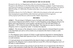 Decision No. 135/1998/QD-NHNN1 of April 11, 1998, on the percentage and structure of the obligatory reserve for banks and credit institutions
