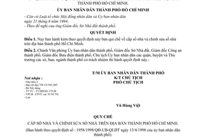 Quyết định 1958/1998/QĐ-UB-QLĐT qui chế cấp chỉnh sửa số nhà trên địa bàn thành phố Hồ Chí Minh