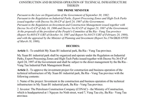 Decision No. 300/QD-TTg of April 14, 1998, on the establishment of My Xuan B1 industrial park in Ba Ria - Vung Tau province and the approval of the investment project for construction and business operation of technical infrastructure therein