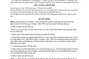 Quyết định  82/1998/QĐ-TTg sửa đổi Điều 10 và Điều 11, Điều lệ Quỹ hỗ trợ đầu tư Quốc gia