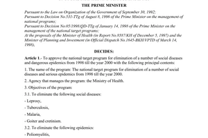 Decision No. 84/1998/QD-TTg of April 16 1998, approving the national target program for elimination of a number of social diseases and serious epidemics