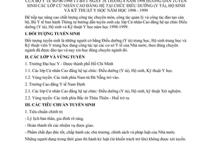 Thông tư 06/1998/TT-BYT tuyển sinh lớp Cử nhân Cao đẳng hệ tại chức Điều dưỡng (Y tá), Hộ sinh Kỹ thuật Y học năm học 1998-1999
