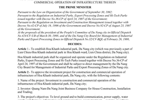 Decision No. 343/QD-TTg of April 18, 1998, on the establishment of Hoa Khanh industrial park in Da Nang city and the approval of the investment project for construction and commercial operation of infrastructure therein