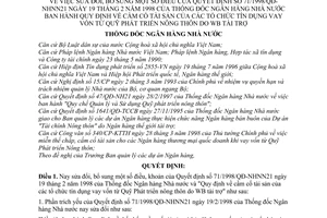 Quyết định 141/1998/QĐ-NHNN21  cầm cố tài sản của các Tổ chức Tín dụng vay vốn từ các Qũy Phát triển Nông thôn do WB tài trợ