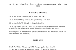 Quyết định 354/QĐ-TTg thay đổi thành viên Ban chỉ đạo phong, chống, lụt, bão Trung ương