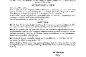 Quyết định 568/1998/QĐ-BTC  tạm thời không thu thuế lợi tức bổ sung đối với cơ sở sản xuất hàng xuất khẩu