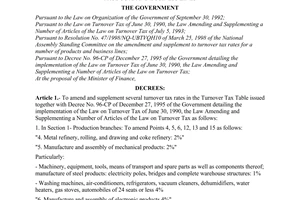 Decree No. 24/1998/ND-CP of May 04, 1998, amending and supplementing turnover tax rates for a number of products and business lines