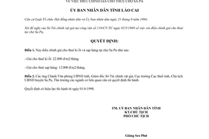 Quyết định 91/1998/QĐ.UB giá cho thuê ki ốt và sạp hàng tại chợ Sa Pa Lào Cai