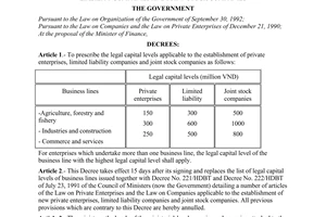 Decree No. 26/1998/ND-CP of May 07, 1998, adjusting the legal capital levels of private companies, limited liability companies and joint-stock companies