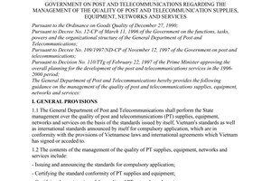 Circular No. 01/1998/TT-TCBD of May 15, 1998, guiding the implementation of Decree No.109/1997/ND-CP of the Government on post and telecommunications regarding the management of the quality of post and telecommunication supplies, equipment, networks and services