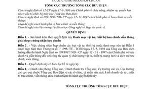 Quyết định 297/1998/QĐ-TCBĐ Danh mục vật tư, thiết bị bưu chính viễn thông phải chứng nhận hợp chuẩn
