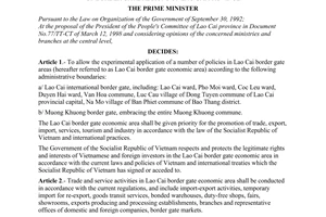 Decision No. 100/1998/QD-TTg of May 26, 1998, on the experimental application of a number of policies in a number of border gate regions of Lao Cai province
