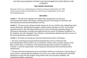 Decision No. 99/1998/QD-TTg of May 26, 1998, on the management of post and telecommunication prices and charges