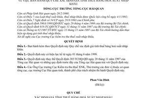 Quyết định 155/1998/QĐ-TCHQ quy chế xác định giá tính thuế hàng hoá xuất nhập khẩu