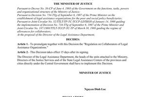 Decision No. 459/1998/QD-BTP of June 03, 1998, promulgating the regula-tion on collaborators of legal assistance organizations