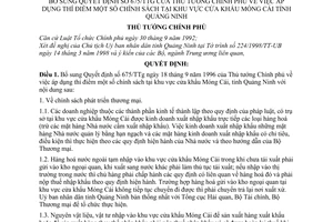Quyết định 103/1998/QĐ-TTg chính sách tại khu vực cửa khẩu Móng Cái tỉnh Quảng Ninh  bổ sung Quyết định 675-TTg