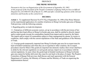 Decision No. 103/1998/QD-TTg of June 09, 1998, to supplement Decision No.675-TTg on the experimental application of a number of policies in Mong Cai border gate area of Quang Ninh province