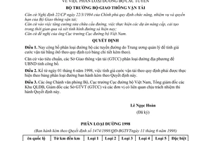 Quyết định 1474/1998/QĐ-BGTVT phân loại đường bộ các tuyến đường do Trung ương quản lý để tính giá cước vận tải ôtô