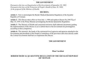 Decree No. 41/1998/ND-CP of June 11, 1998, promulgating the socialist republic of Vietnam's border medical quarantine regulation
