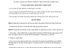 Quyết định 1042/1998/QĐ-UB thành lập Trung tâm Lưu trữ Thừa Thiên Huế