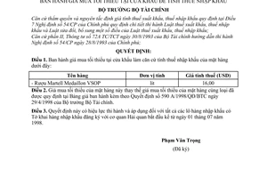 Quyết định 766/1998/QĐ-BTC giá mua tối thiểu tại cửa khẩu để tính thuế nhập khẩu