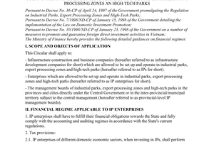 Circular No. 82/1998/TT-BTC of June 19, 1998, guiding the financial regimes applicable to industrial parks, export processing zones an high-tech parks