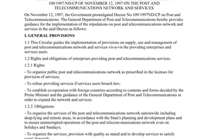 Circular No. 02/1998/TT-TCBD of June 20, 1998, guiding the imple-mentation of the Government's Decree No. 109/1997/ND-CP of November 12, 1997 on the post and telecommunications network and services