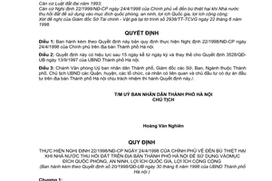 Quyết định 20/1998/QĐ-UB bản quy định thực hiện Nghị định 22/1998/NĐ-CP năm 1998 đền bù thiệt hại khi Nhà nước thu hồi đất tại Hà Nội dùng việc công