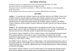 Decision No. 113/1998/QD-TTg of July 06, 1998, on transforming the northern, middle and southern airports and air-fields authorities into state public-utility enterprises