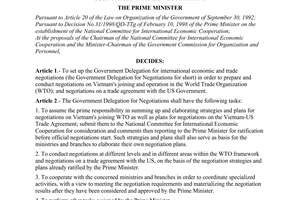 Decision No. 116/1998/QD-TTg of July 08, 1998, on setting up the Government delegation for international economic and trade negotiations