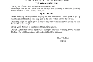 Quyết định 120/1998/QĐ-TTg  thành lập Sở Thuỷ sản tỉnh Bạc Liêu