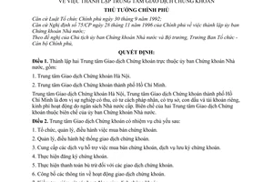 Quyết định 127/1998/QĐ-TTg thành lập Trung tâm Giao dịch chứng khoán