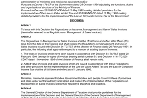 Decision No. 885/1998/QD-BTC of July 16, 1998, promulgating regulations on issuance, management and use of sales invoices.