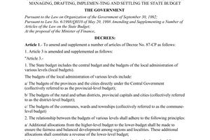 Decree of Government No. 51/1998/ND-CP, amending and supplementing a number of articles of Decree No. 87-CP of December 19, 1996 detailing the assign-ment of responsibilities for managing, drafting, implemen-ting and settling the state budget