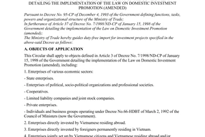 Circular No. 9/1998/TT-BTM, promulgated by the Ministry of Trade, guiding the duty-free import for investment projects defined in Decree No. 07/1998/ND-CP of January 15, 1998 of the Government detailing the implementation of the Law on Domestic Investment Promotion (amended)
