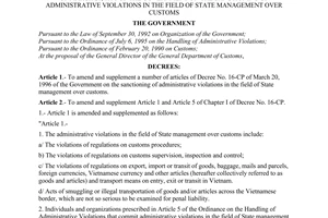 Decree of Government No.54/1998/ND-CP, amending and supplementing a number of articles of Decree No. 16-CP of March 20, 1996 of the Government on the sanctioning of administrative violations in the field of state management over customs